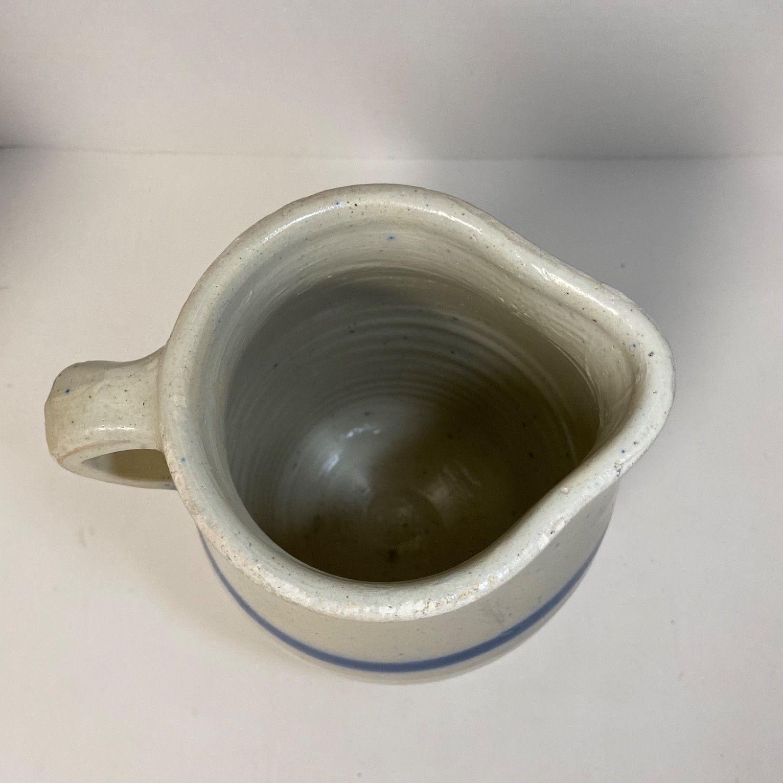 Vintage Primitive Salt Glazed Stoneware Pitcher 10″ Crock Blue Stripe