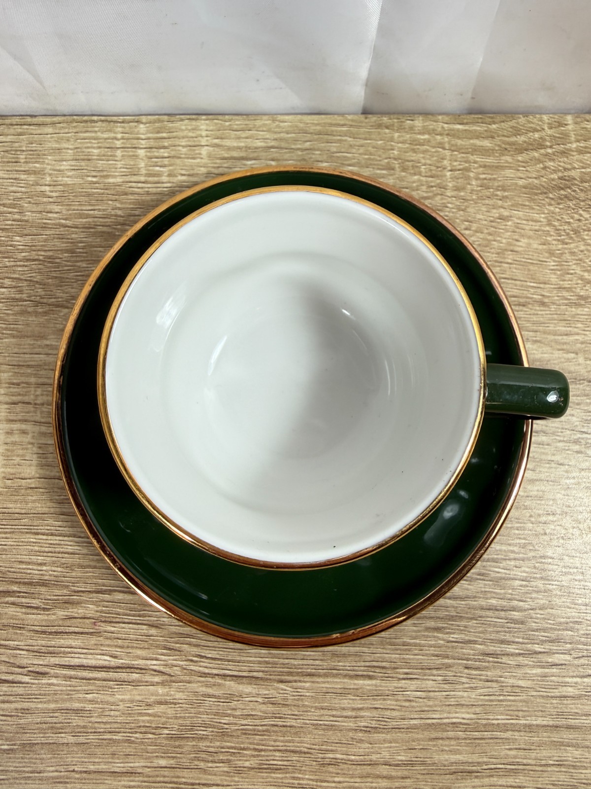 Apilco Yves Deshoulieres French Porcelain Bistro Cup and Saucer Green Gold VGC