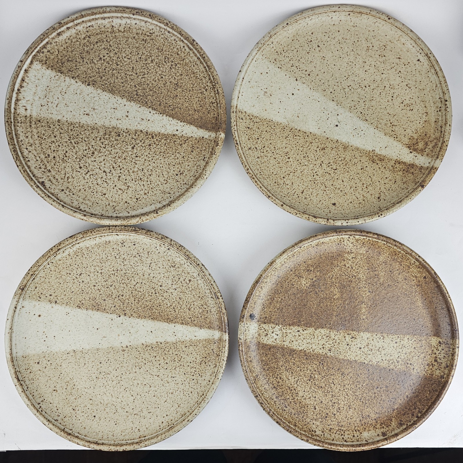 Signed Studio Pottery Abstract Minimalist Glaze Stoneware Dinner Plate Set of 4