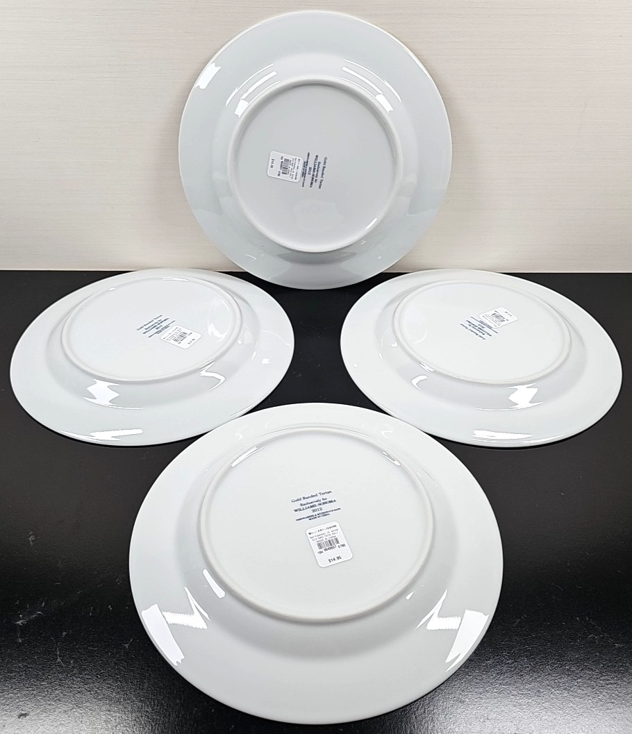 4) Williams Sonoma Gold Banded Tartan Dinner Plates Set Plaid Serving Dishes Lot