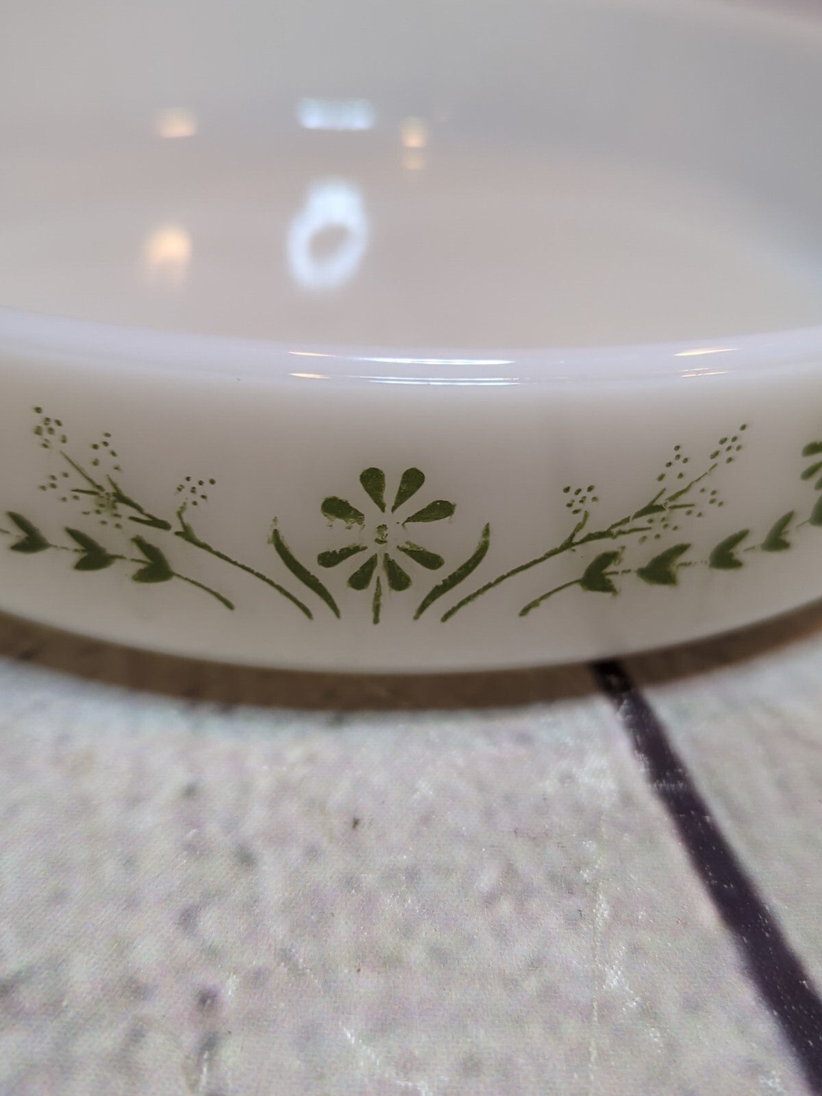 Vintage Glasbake 8.75” Round Green Flower And White Casserole Dish With Handles.