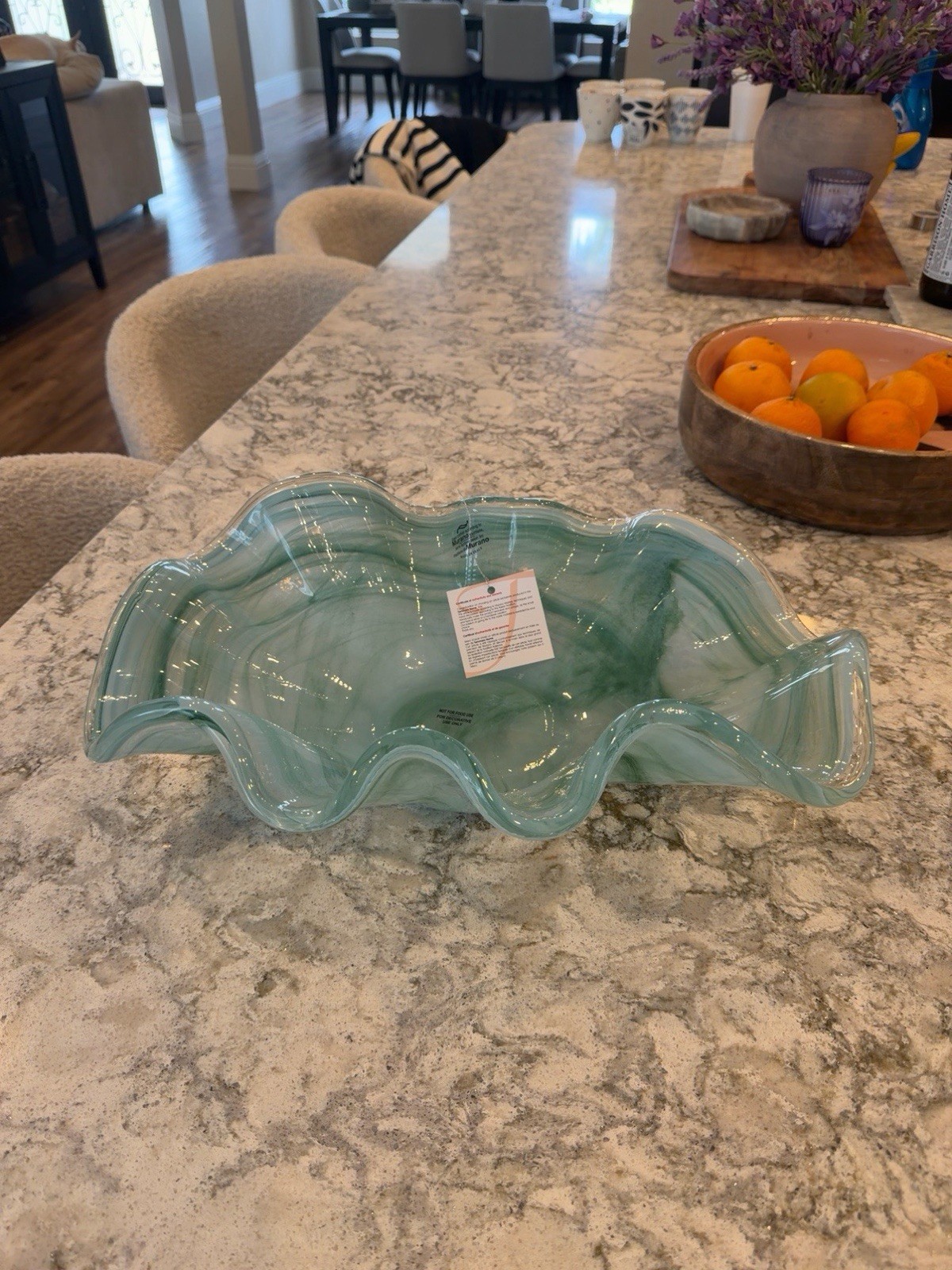 Murano Art Glass Hand Blown Ruffled Centerpiece Bowl | Seafoam Green 15.5” Italy