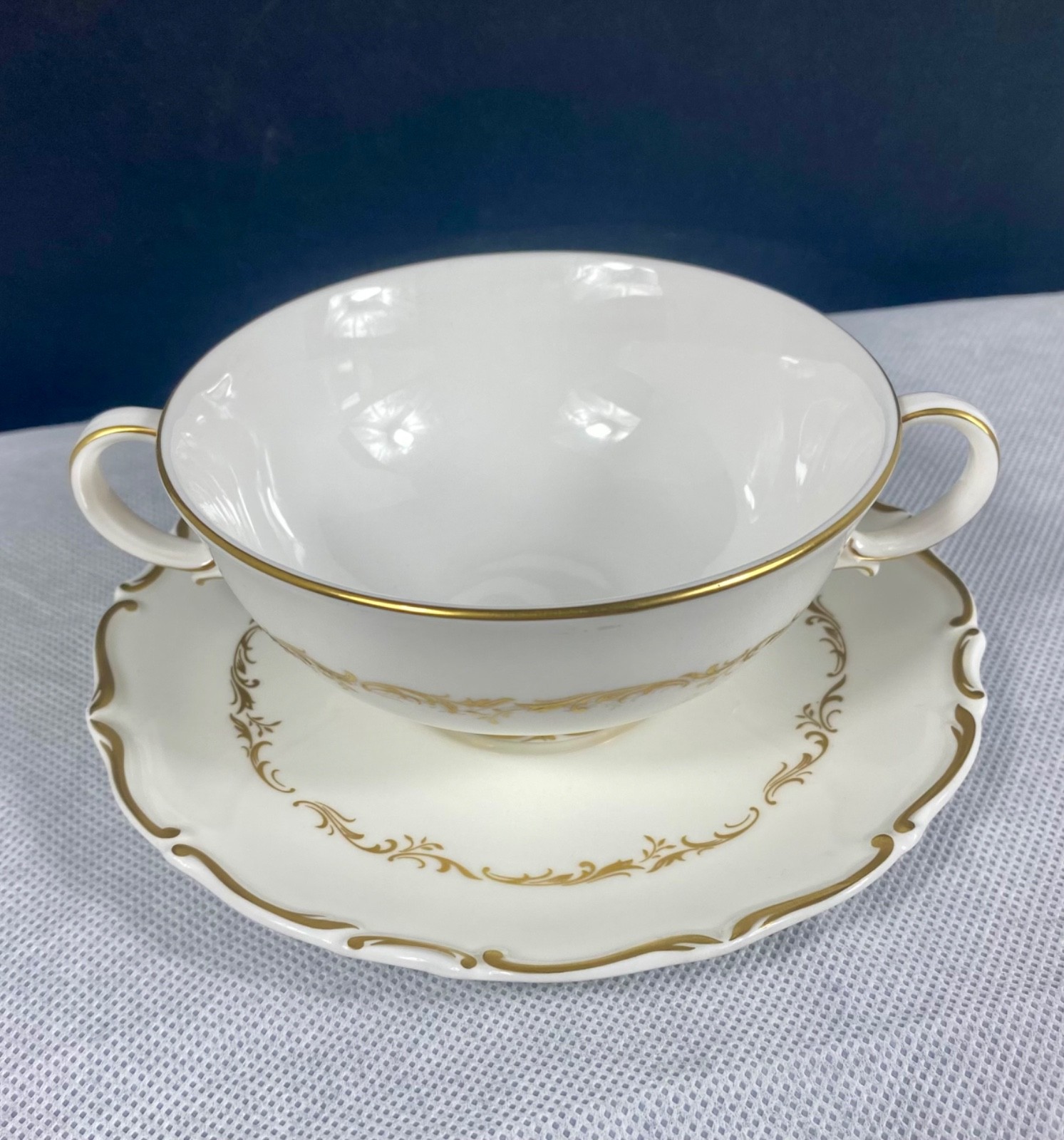 Royal Doulton England “RICHELIEU” Footed Cream Soup w/ Saucer Fine Bone China