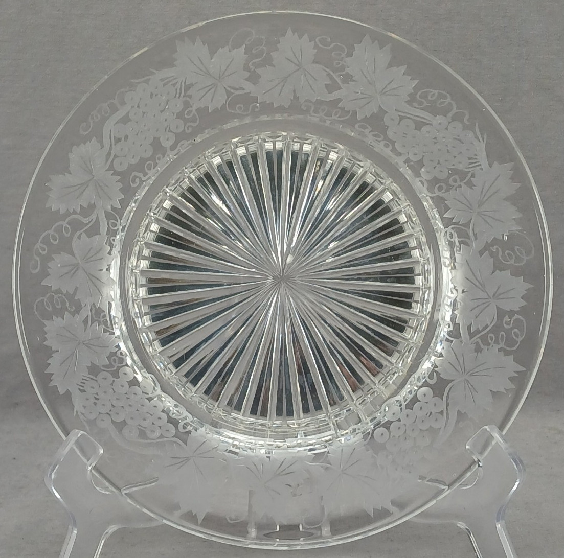 Antique American Engraved Grape Vine Pattern 8 1/8 Inch Cut Glass Plate