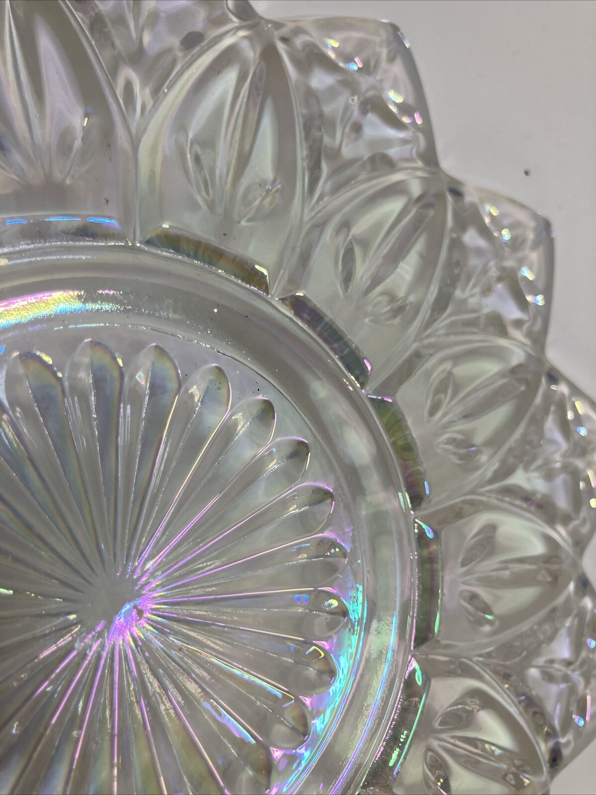 Vtg 1960s Star Flower Petal Federal Clear Iridescent Carnival Glass Plate 9.25″