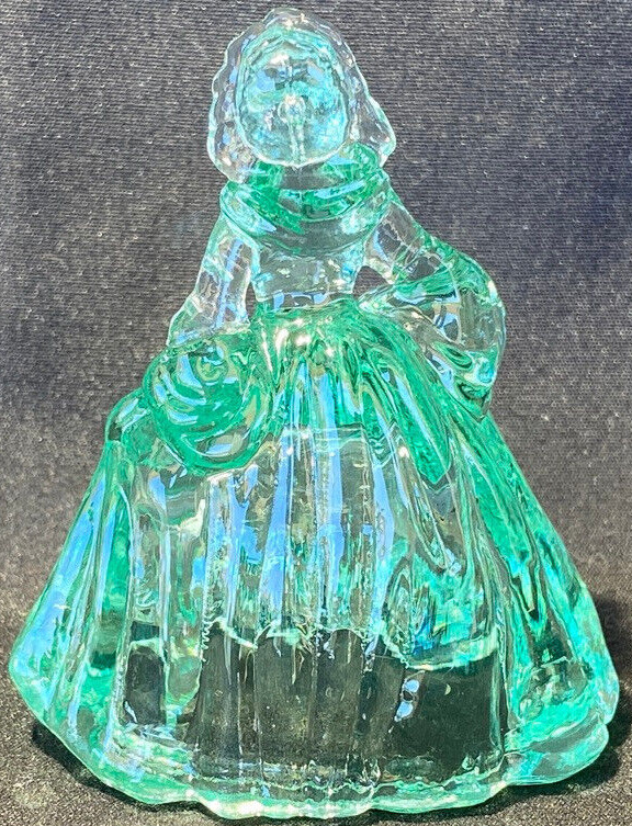 Green Vaseline uranium glass girl doll candy container woman Elizabeth Blue glow