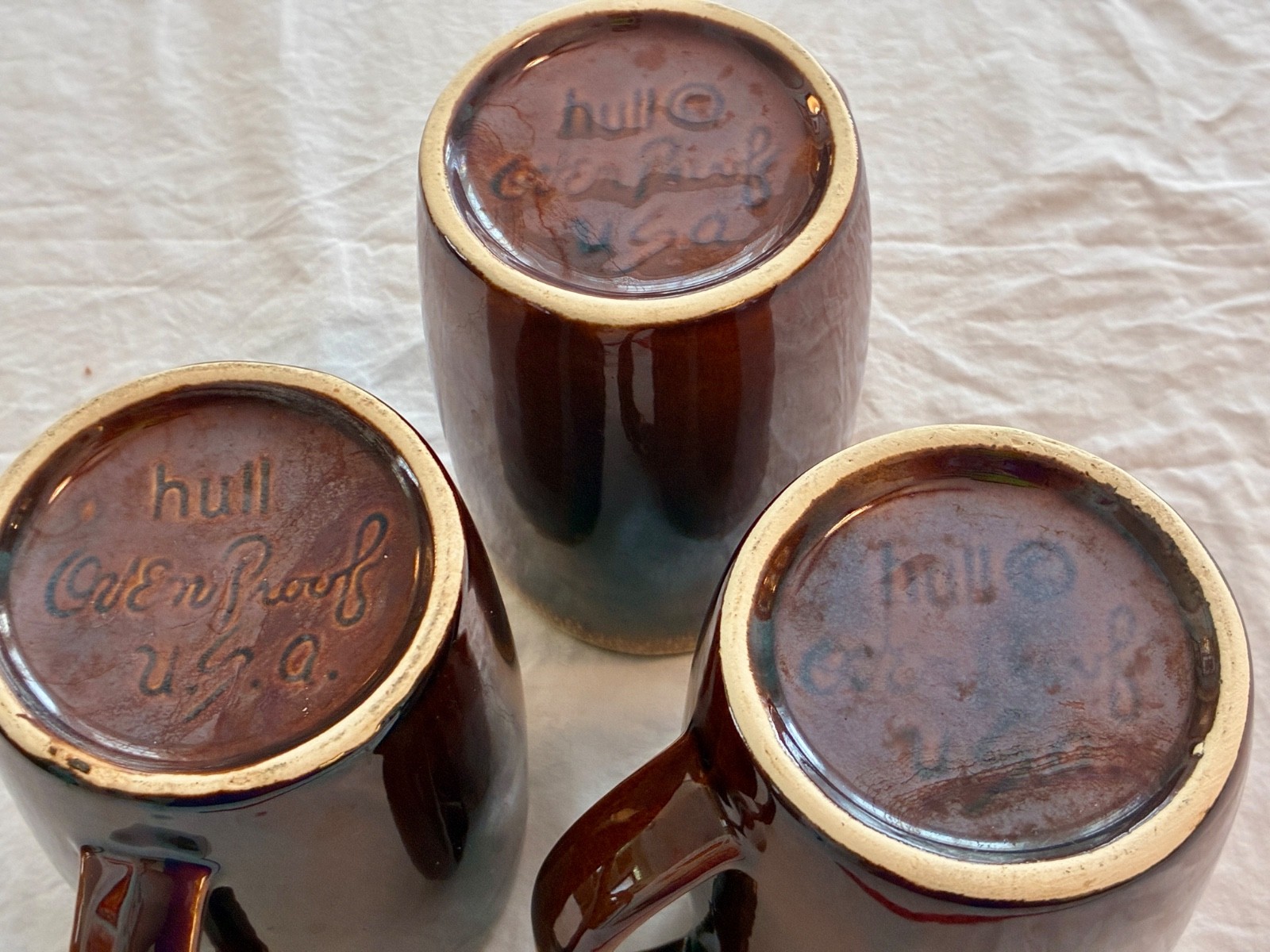 Vintage Mid Century Hull Pottery USA Brown Drip Glaze Mugs Set of 3 Oven Proof