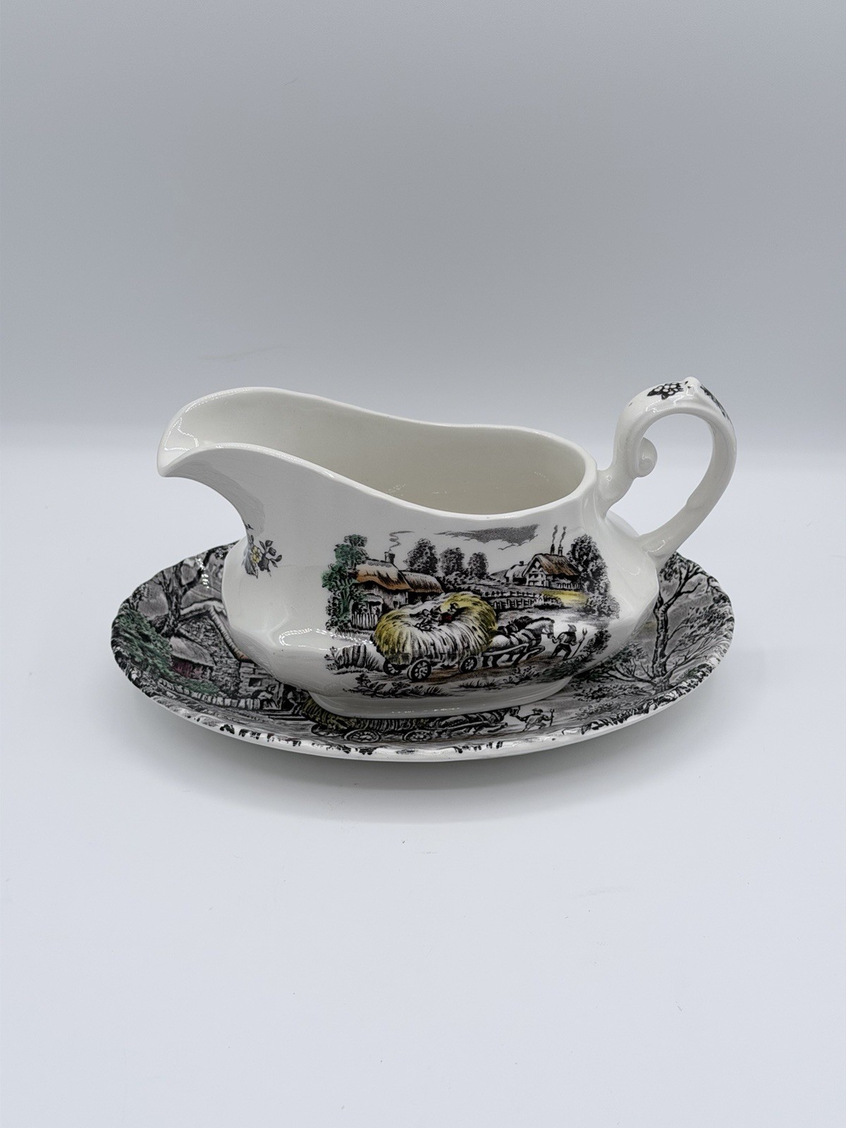 Staffordshire Ironstone Yorkshire Multicolor Gravy Boat with Underplate England