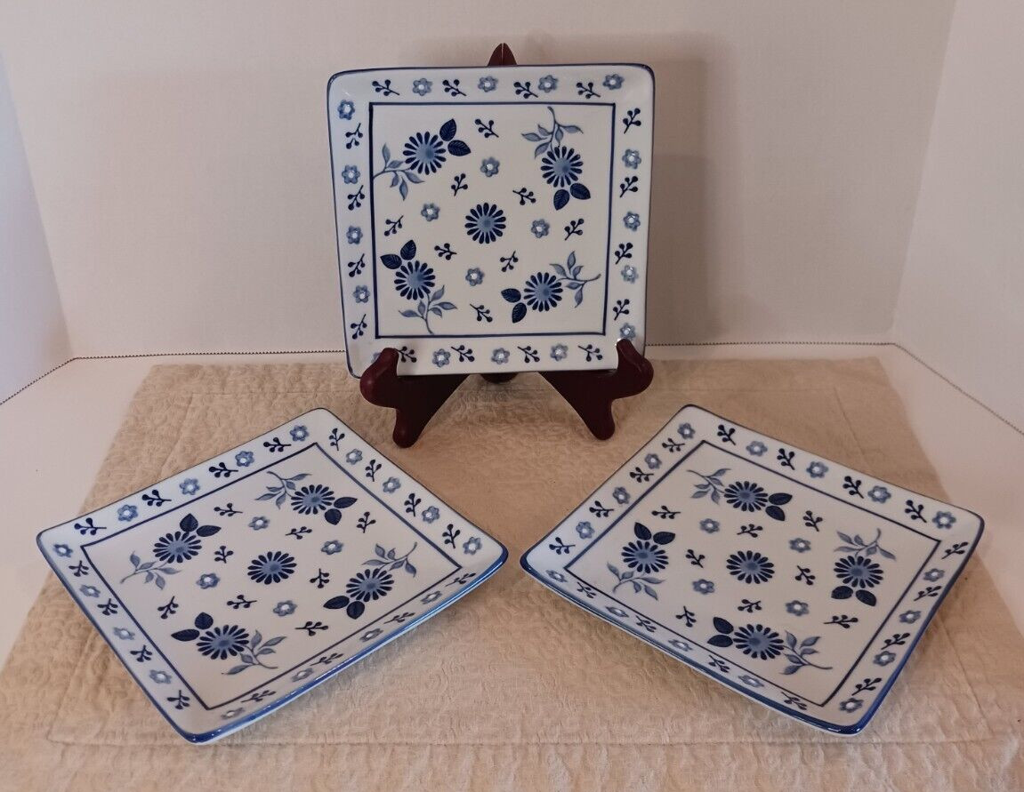Vintage Yokohama Studio Blue & White Hand Painted Sq Plates Set of 3