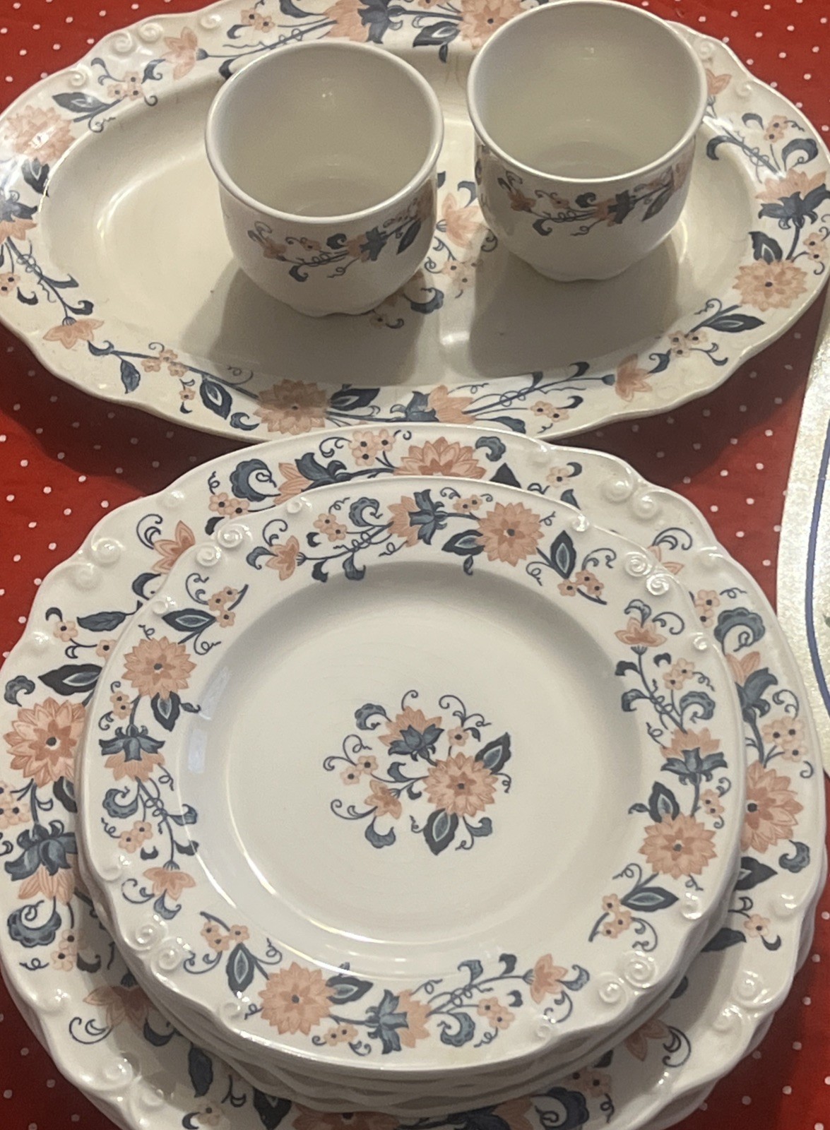Vintage Nikko Japan Ironstone “Blue vineyard” Peach And Navy Floral Dinner 15 Pc