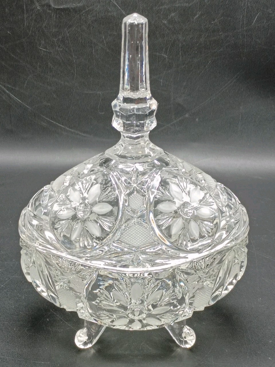 Vintage Large Heavy Etched Crystal Covered Oval Candy Dish Floral