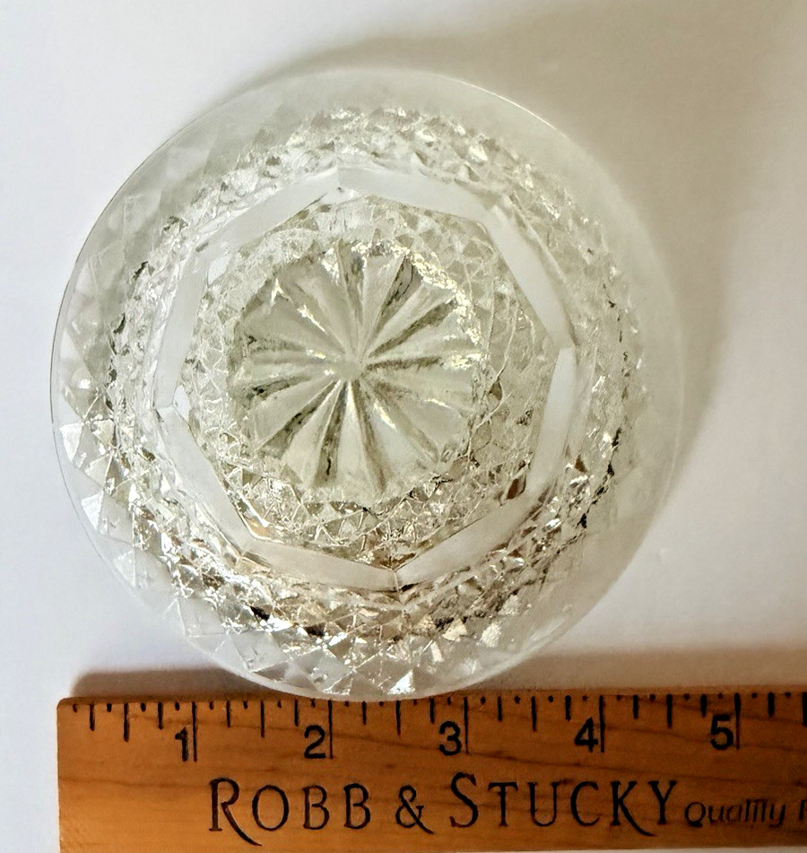 EAPG Clear Pressed Glass Covered Compote Diamond Fan Pineapple Finial UV365 Glow