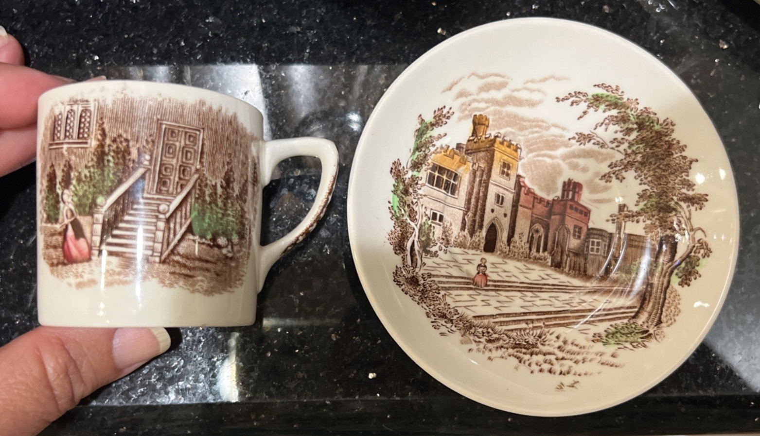 VTG Johnson Bros Windsor Castle Haddon Hall Cup & Saucer Demitasse Transferware