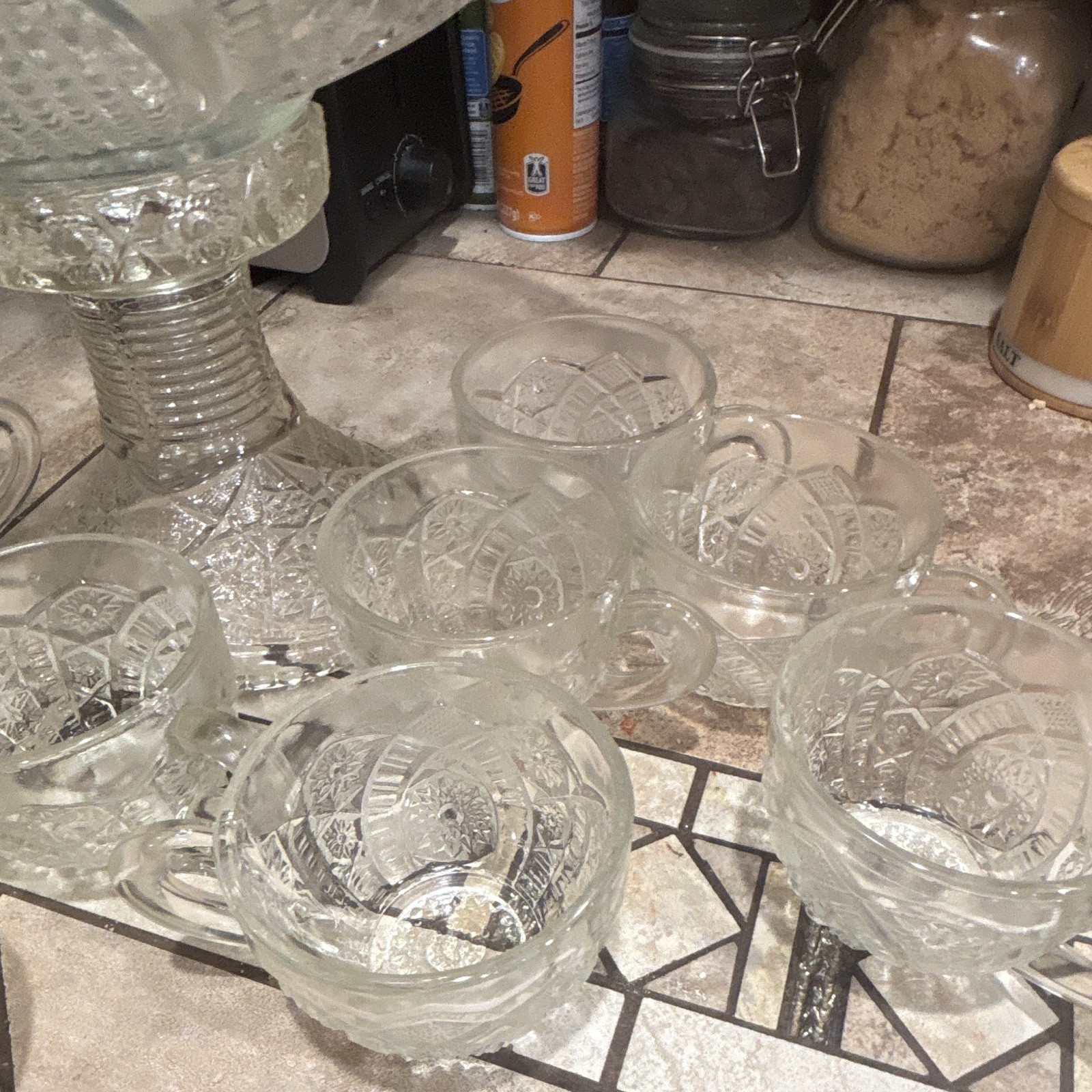 Clear Cut Glass Punch Bowl Set Round Pedestal Bowl w/ Matching Cups, Clear
