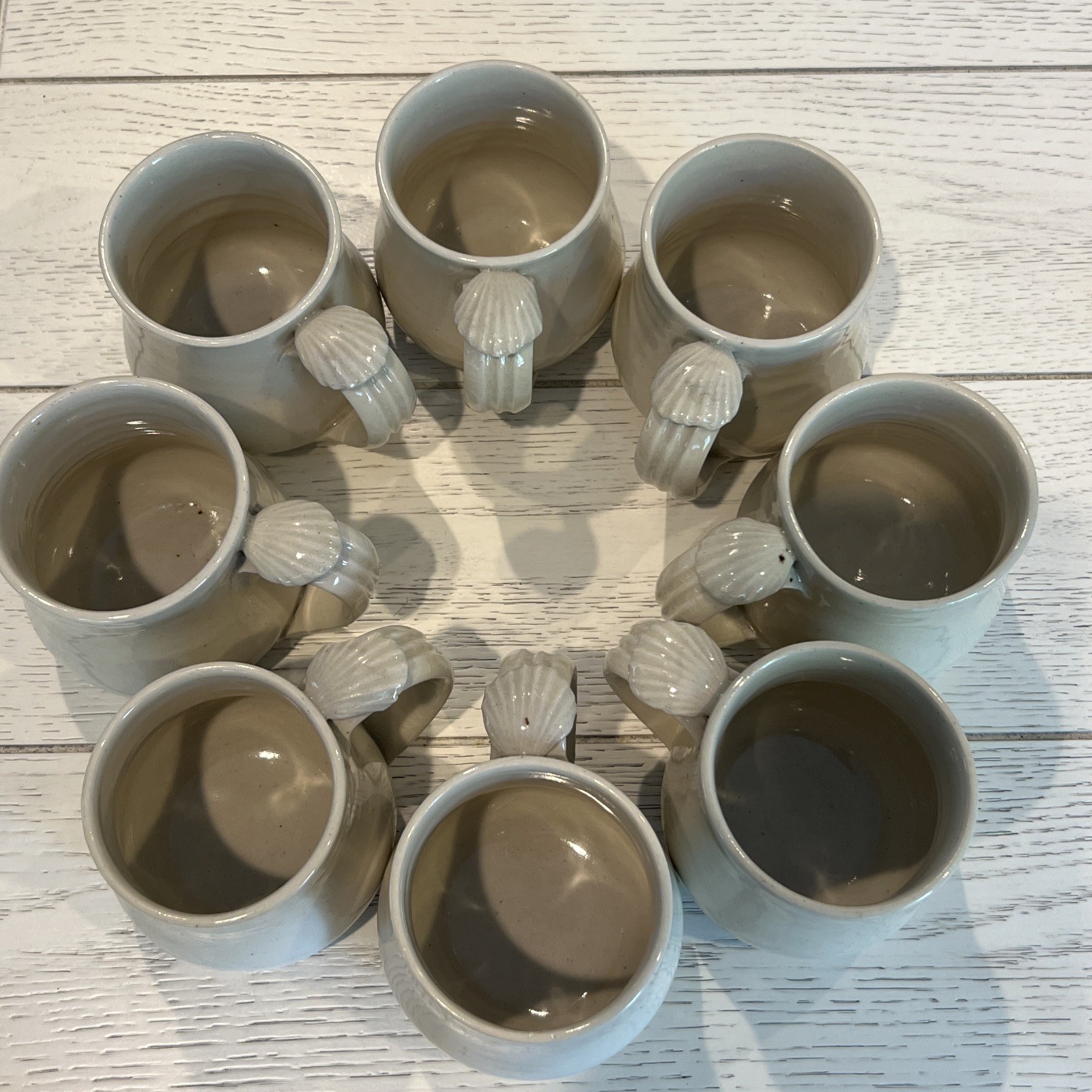 8 Pc Hand Thrown Beige Clay Pottery Coffee Tea Mugs Seashell Handle Stamped Set