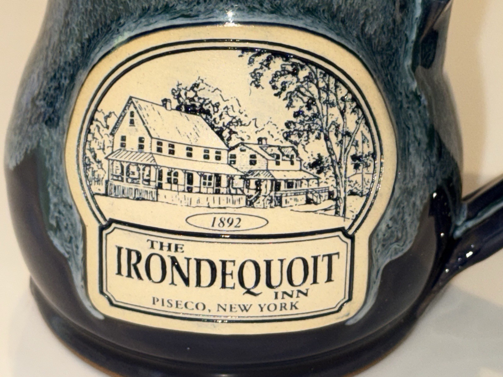 Irondequoit Inn Piseco NY Coffee Cup Mug Deneen Studio Pottery Blue Drip EUC