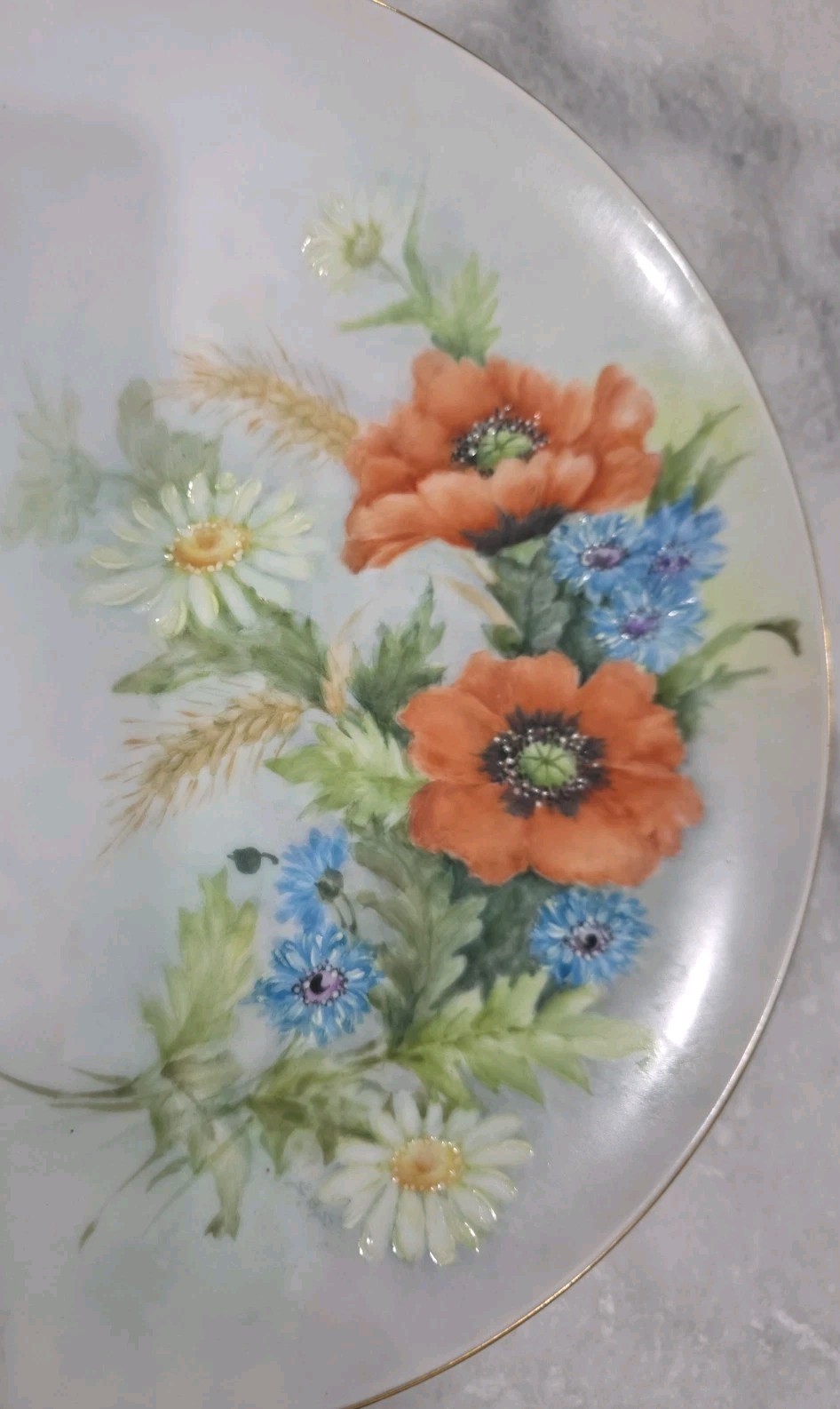 Vintage 9 IN. PLATE HAND PAINTED NO CRACKS/NO CHIPS. Orange Blue Flowers Daisies