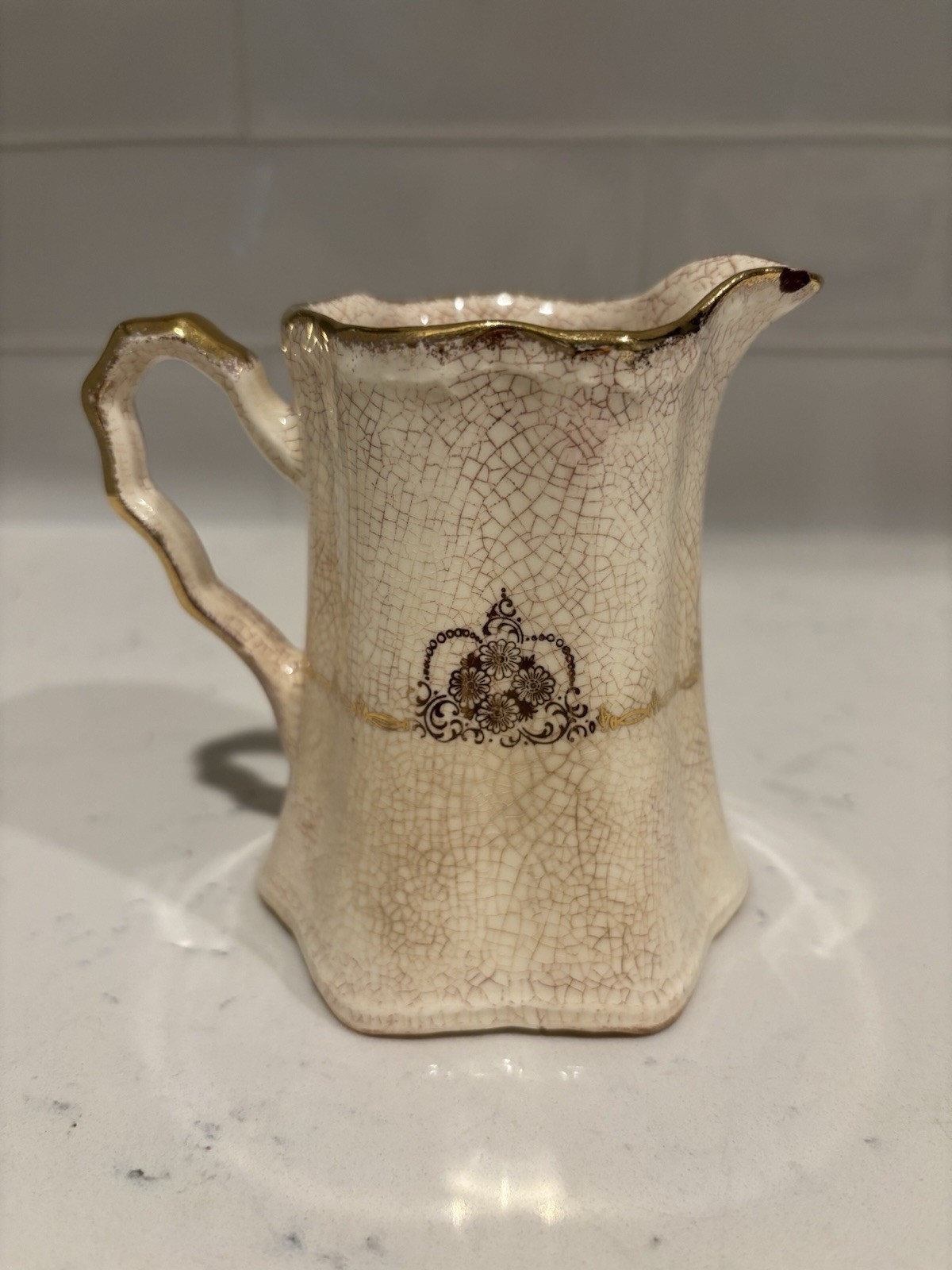 Antique White Ironstone Style Creamer Pitcher Stained Crazed Gold Transferware