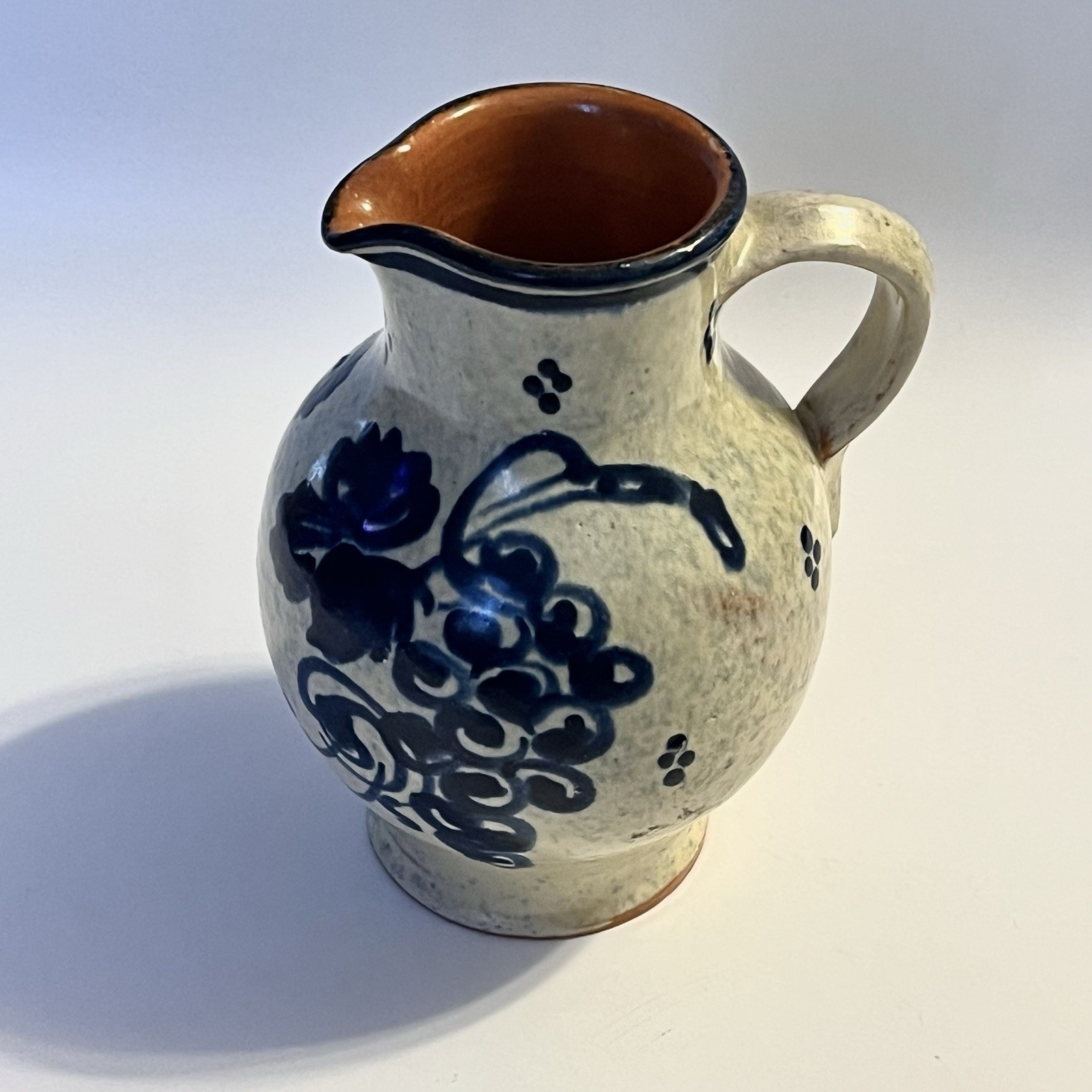 Vtg K Schafer GERMAN Pottery Pitcher Handmade Pale Yellow Cobalt Blue Edenkoben