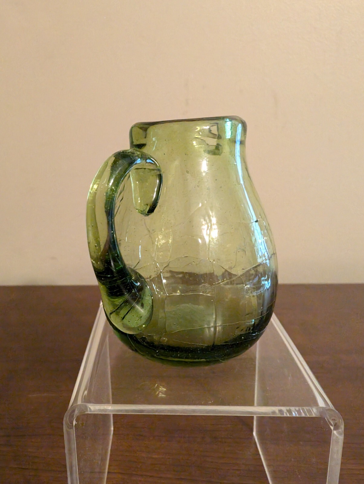 BLENKO Hand-Blown Crackle Glass Olive Green Mini Pitcher w Handle & Sharp Pontil