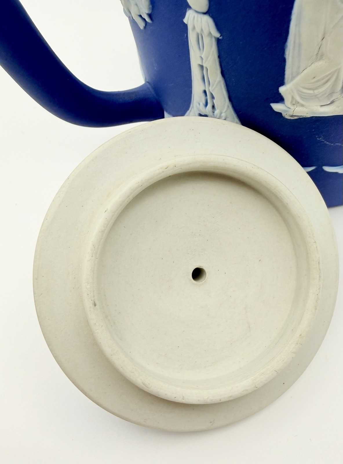 ANTIQUE WEDGWOOD STYLE COBALT BLUE JASPERWARE TEAPOT NEOCLASSICAL UNMARKED? FLAW