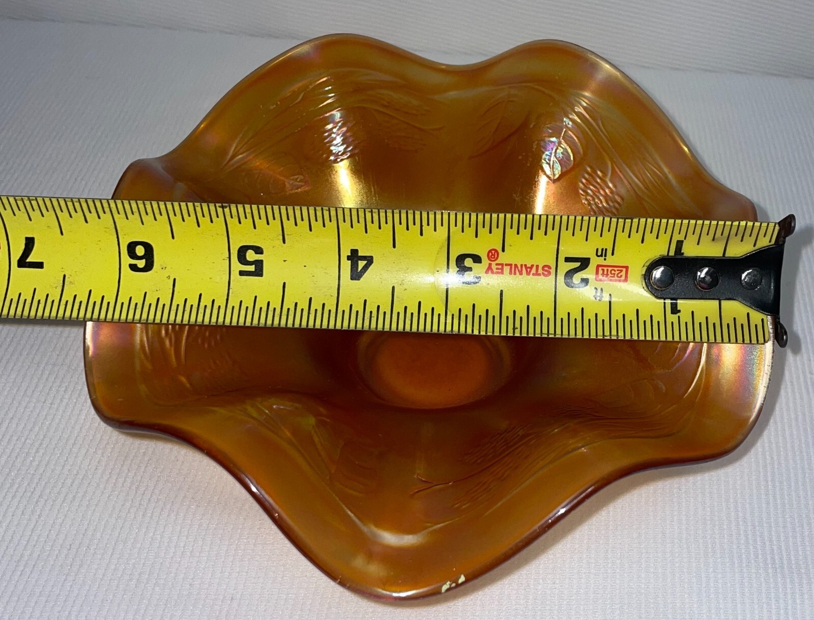 Fenton Marigold Carnival Glass Leaf & Berries Ruffled Edge Bowl 6×3 Inches
