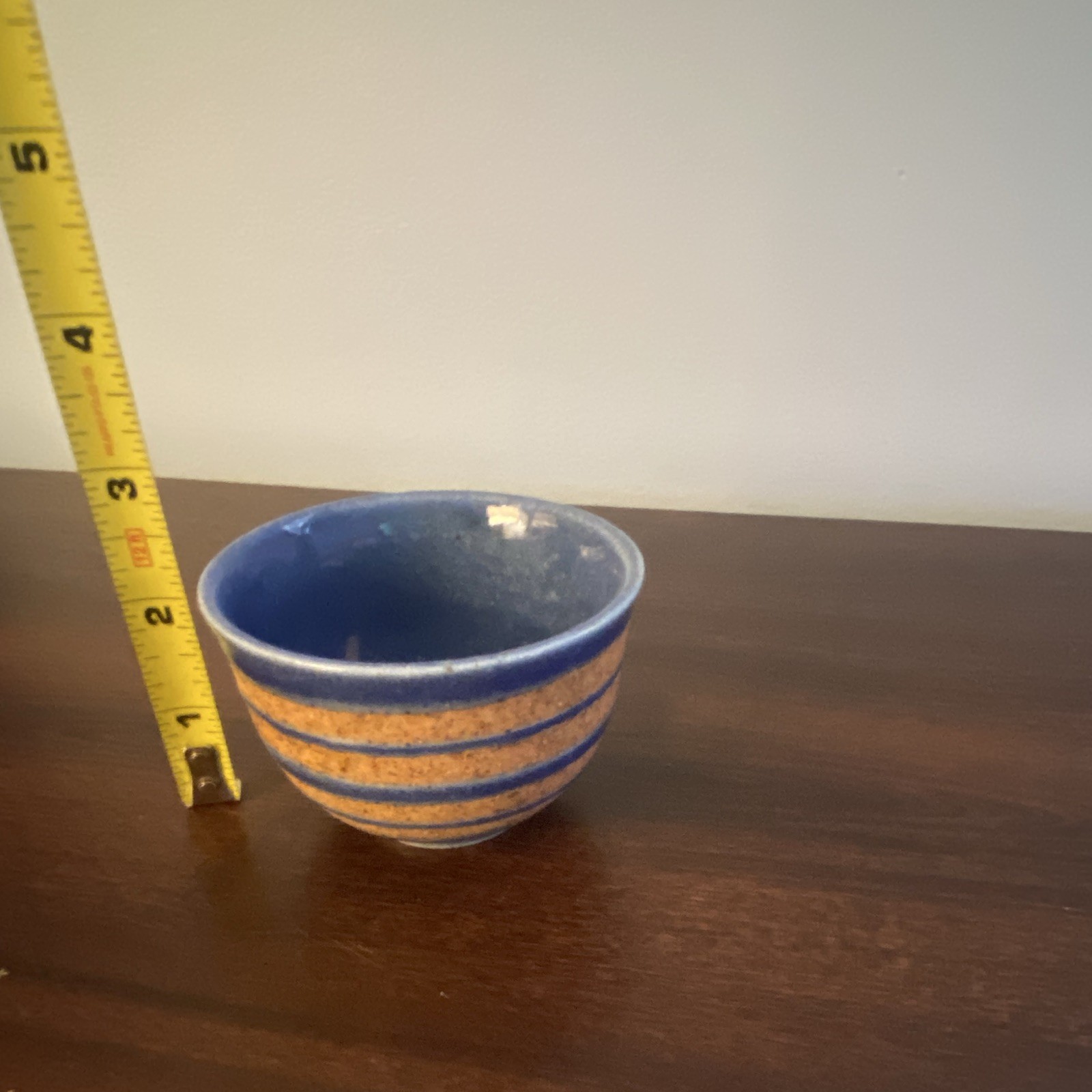 Blue & Beige Striped Art Pottery Ceramic Bowl Round Glossy Finish