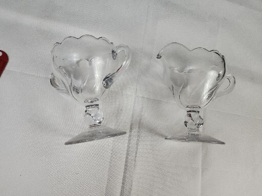 Footed Glass Creamer and Sugar Bowl Clear Glass with Scalloped Edge And Handles