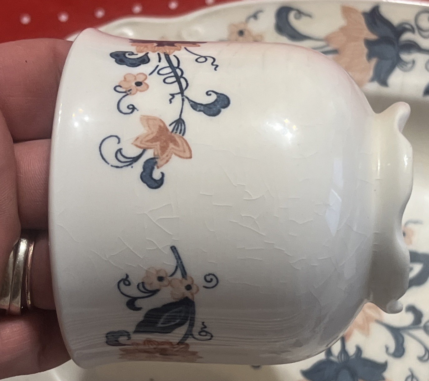 Vintage Nikko Japan Ironstone “Blue vineyard” Peach And Navy Floral Dinner 15 Pc