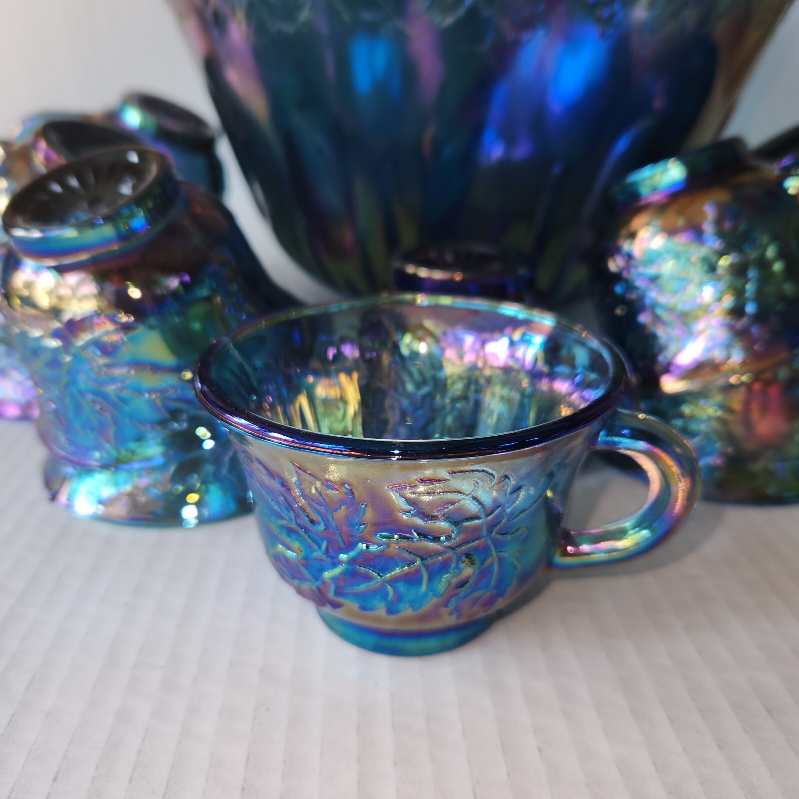 Vintage Indiana Glass Grape Harvest Punch Bowl Set Princess Blue Iridescent 14pc
