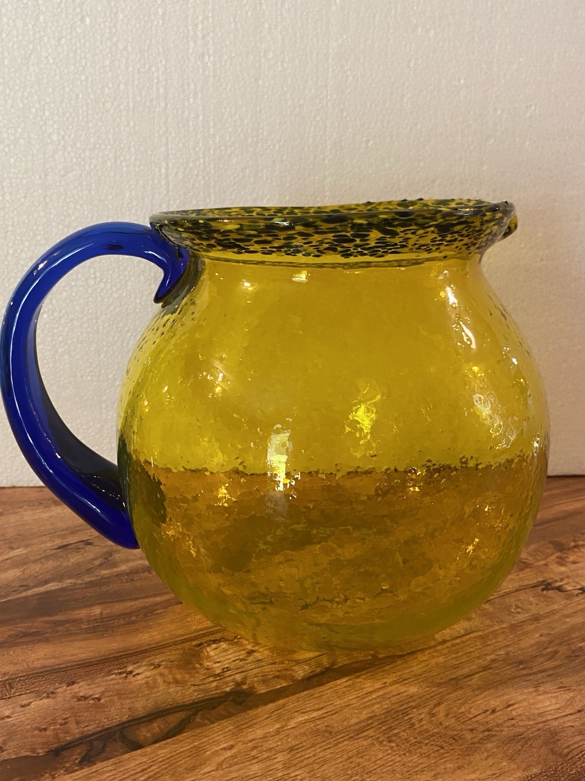 Hand Blown Yellow & Cobalt Blue Glass Pitcher