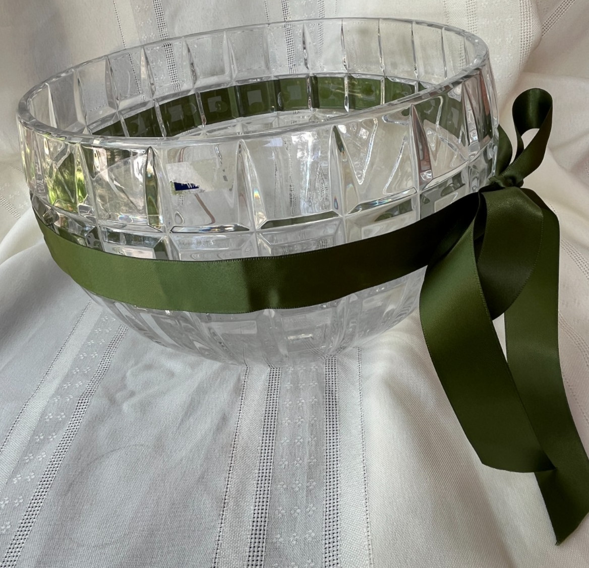 MARQUIS by WATERFORD QUADRATA CRYSTAL 7″ BOWL ~ GREEN RIBBON ATTACHED ~ SIGNED