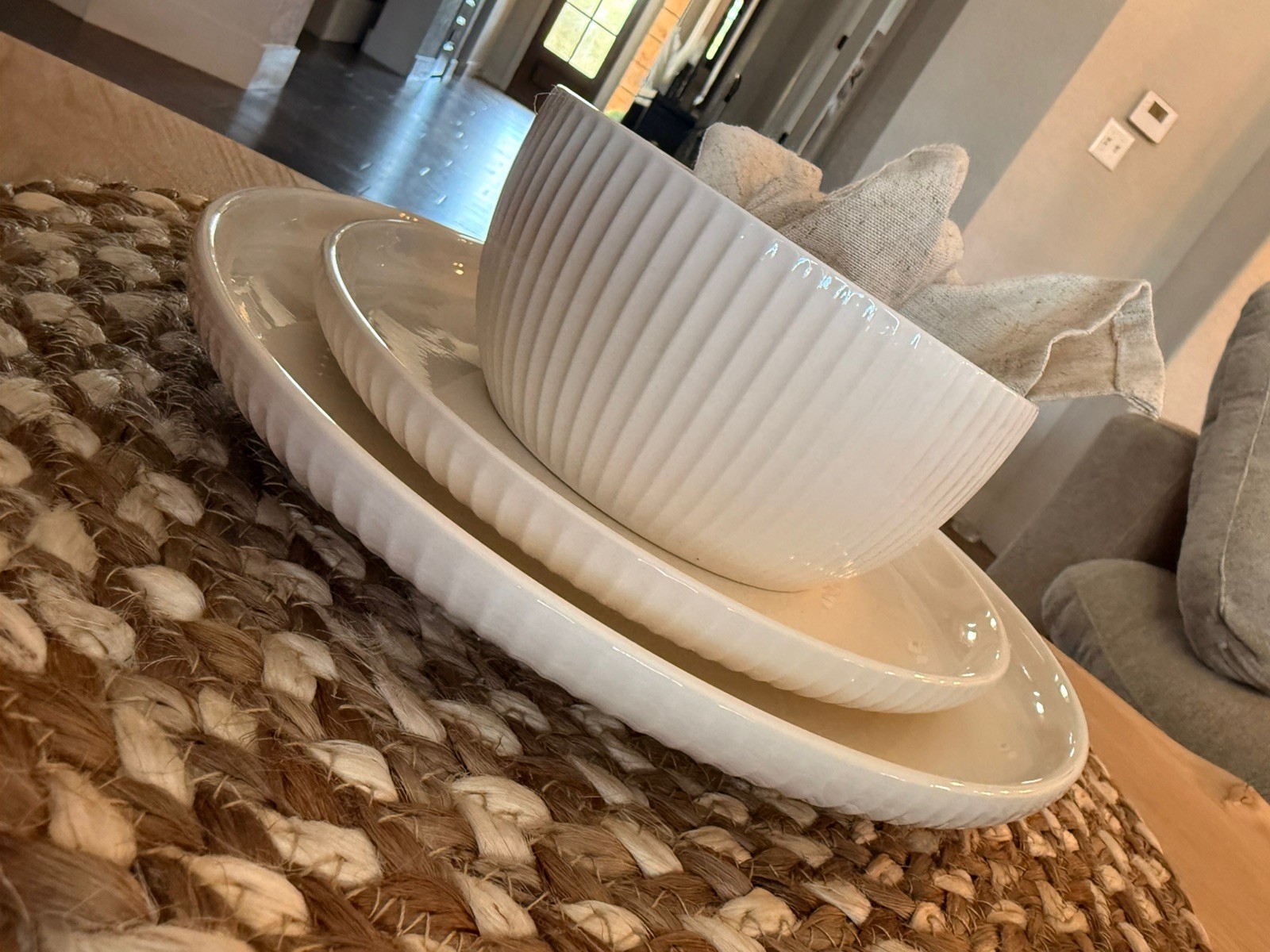 Two Sets of Ivory and Stone White Fluted, Dinner Plate, Salad Plate & bowl sets
