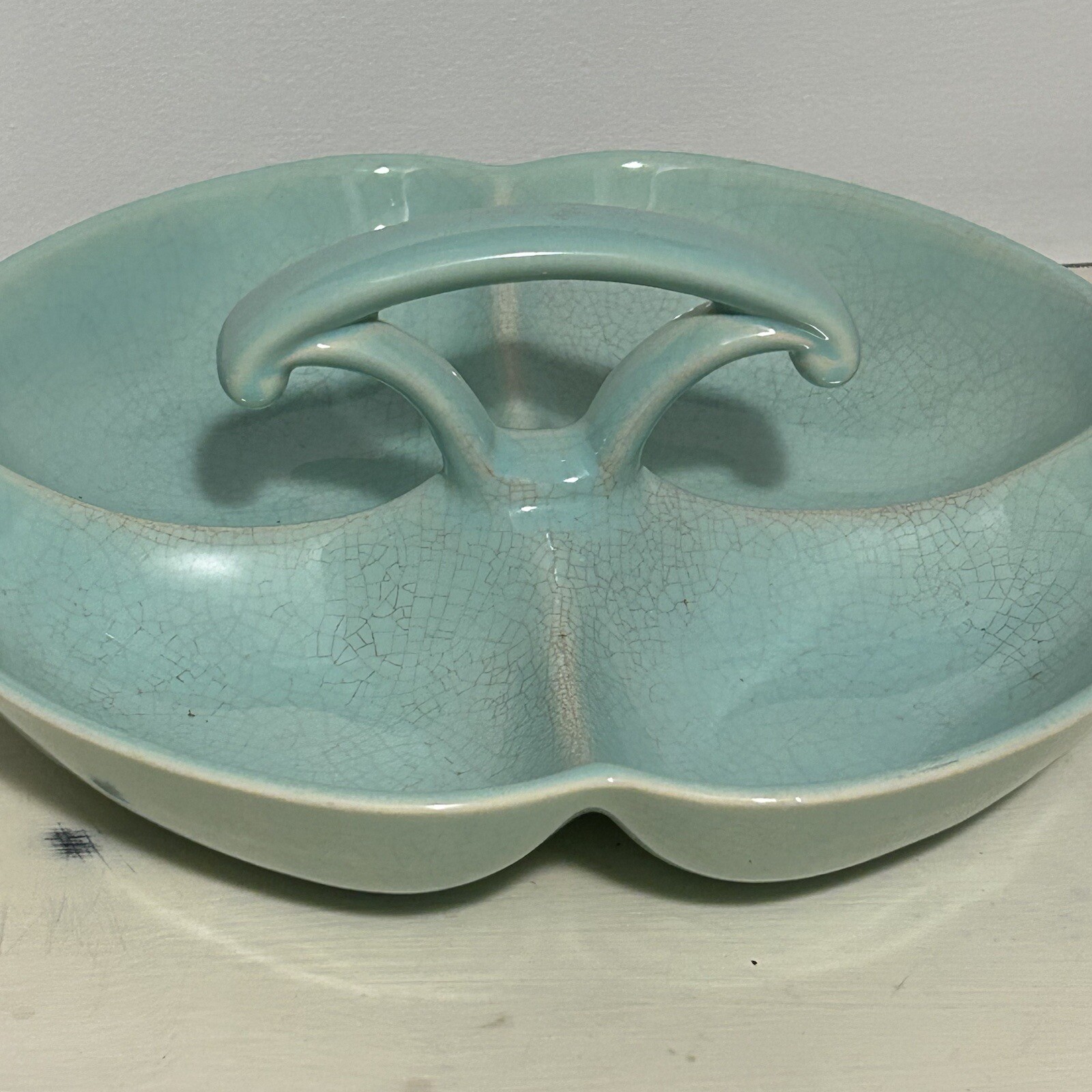 TS&T Luray Surf Green Handled Relish Tray Divided Dish Taylor Smith Lu-Ray MCM