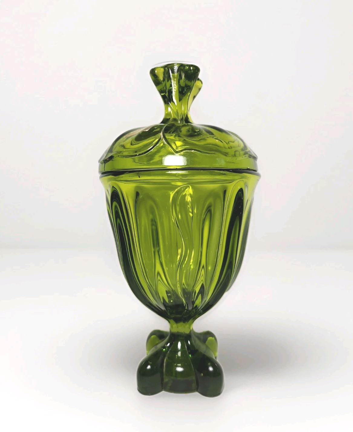 Vtg Dark Green Pedistal COVERED CANDY DISH~ COMPOTE ~VANITY JAR ART GLASS 4″x8″
