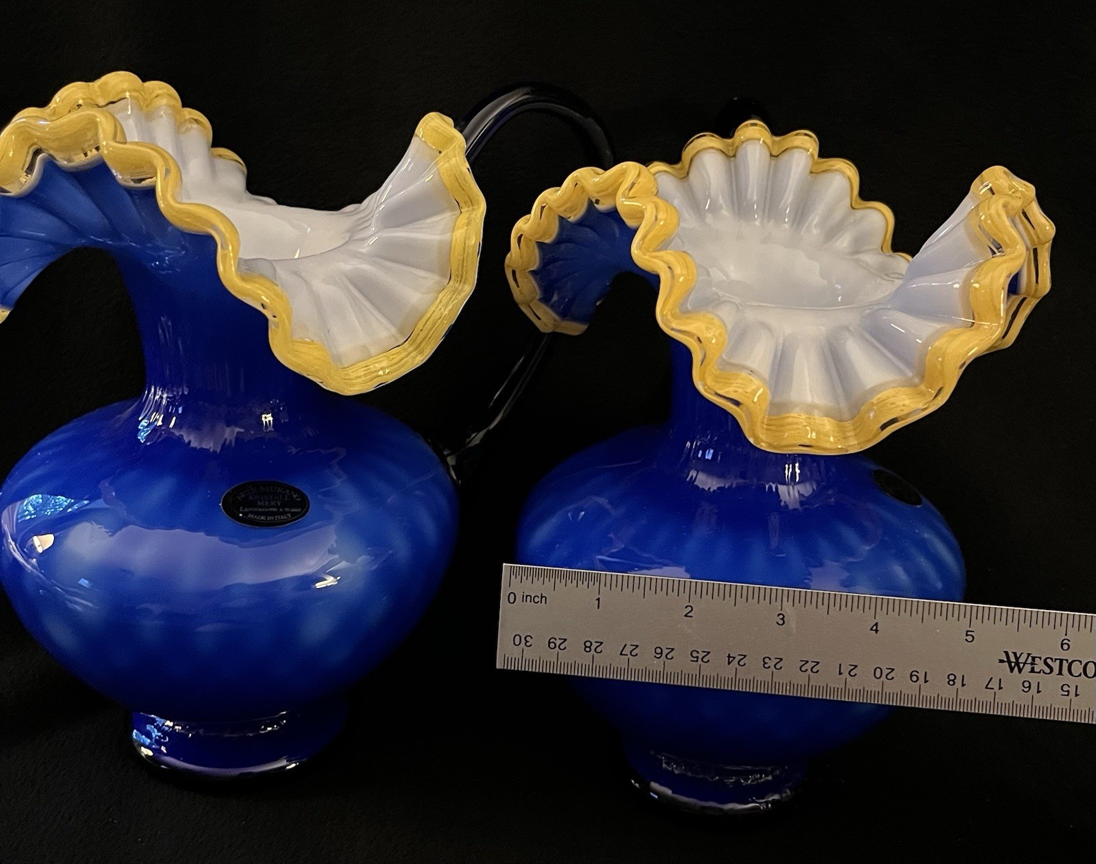 2 MCM Arte Murano Kristall Mery Cobalt Blue Pitcher W/Yellow Ruffled Rim 8.5