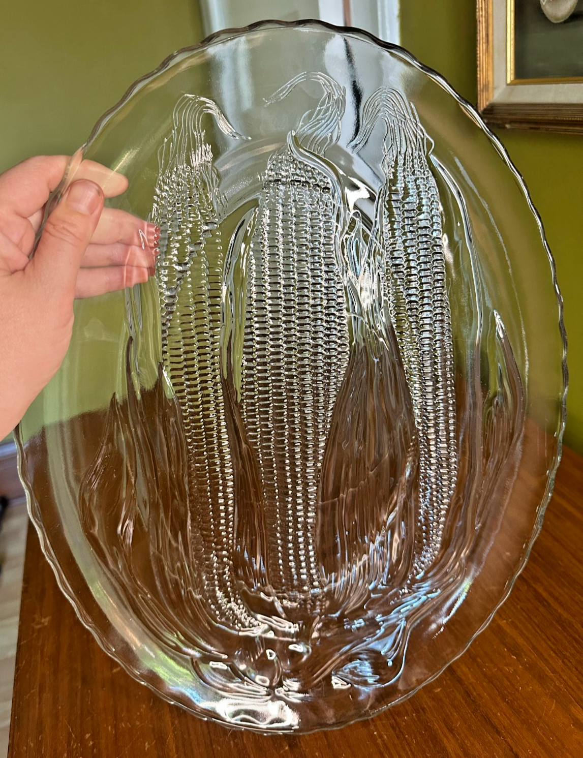 Vintage Clear Glass Serving Platter Embossed Corn Pattern With Scalloped Rims