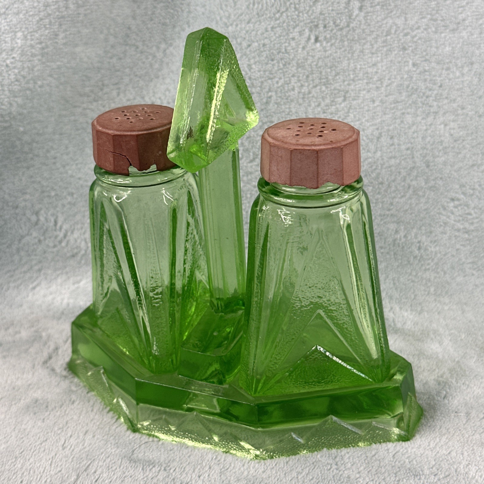 Vintage Vaseline Glass Art Deco Salt Pepper Shaker Caddy Uranium Glow SEE CHIP