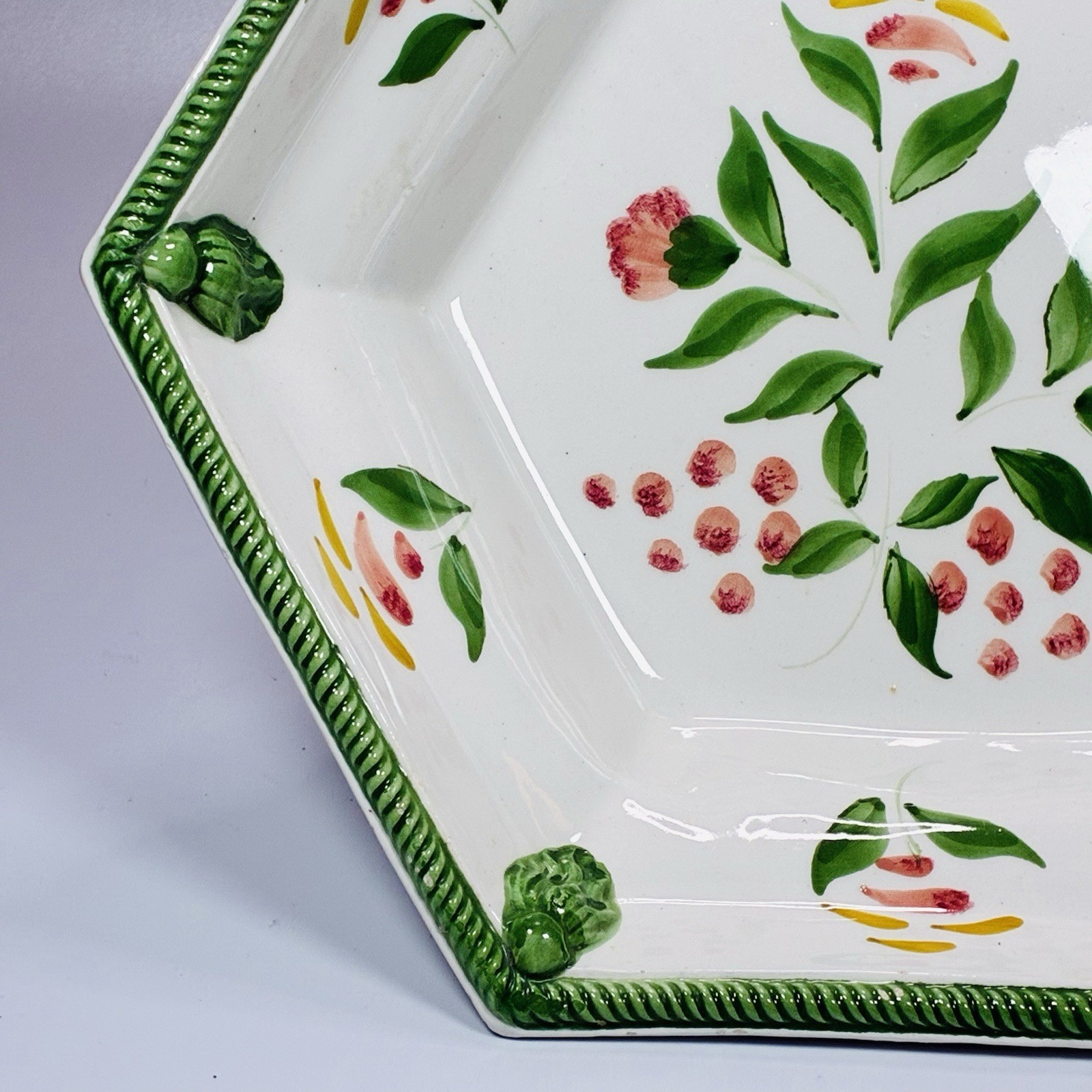 Vintage Italian 10” Pedestal Compote By Nora Fenton Floral Ceramic Hexagon