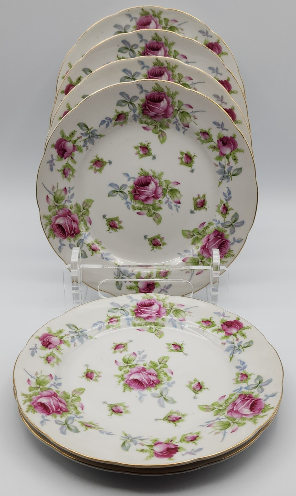 Lefton Elegant Rose Hand Painted Salad Plates ca 8 1/4″ Diameter Set of 6