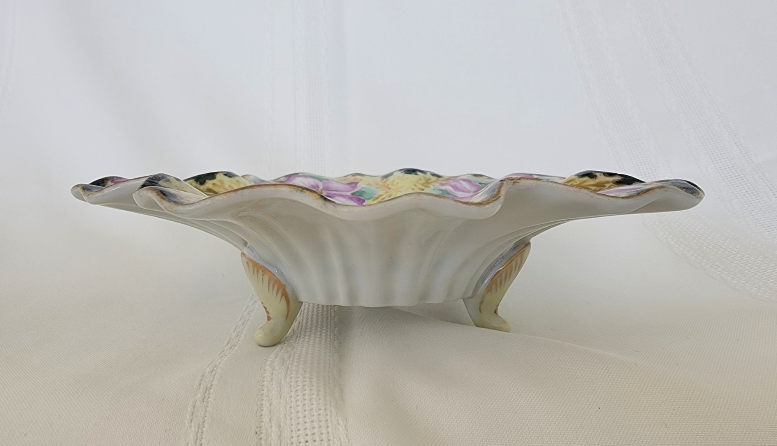 Antique Porcelain Hand Painted Purple & Gilded Floral Ftd Scalloped Bowl 8×2.25