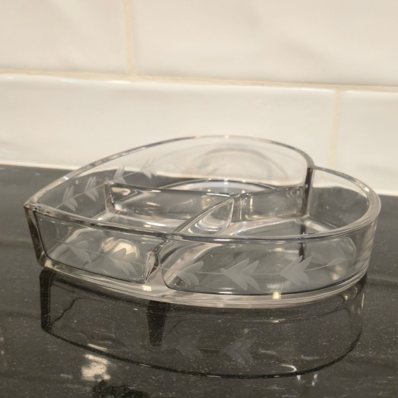 Vintage etched crystal Heart shaped Candy dish relish divided Valentines day