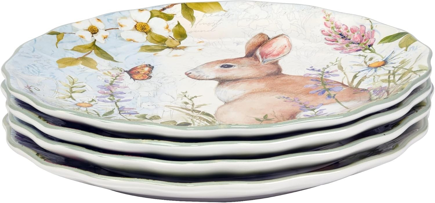 Easter Meadow 11-Inch Dinner Plates,Set of 4 – Whimsical Bunny & Floral Desig…