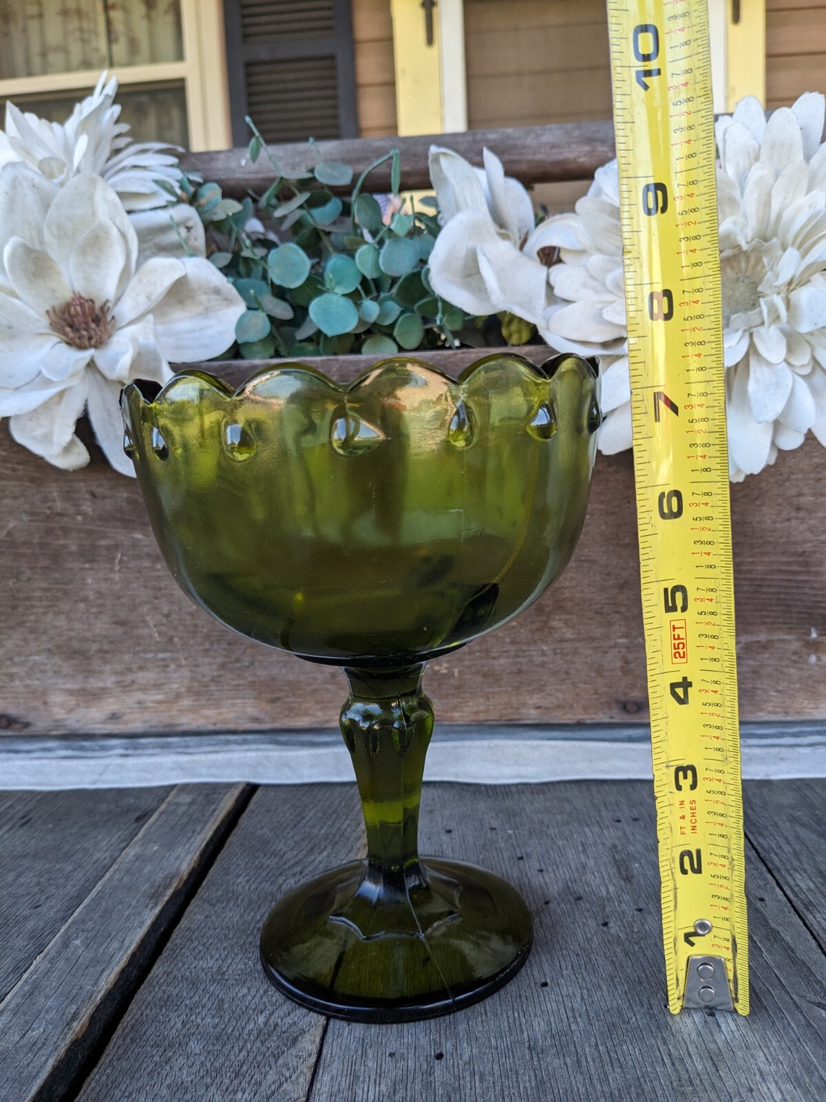 Vintage Indiana Glass Olive Green Teardrop 7.25″ Pedestal Compote