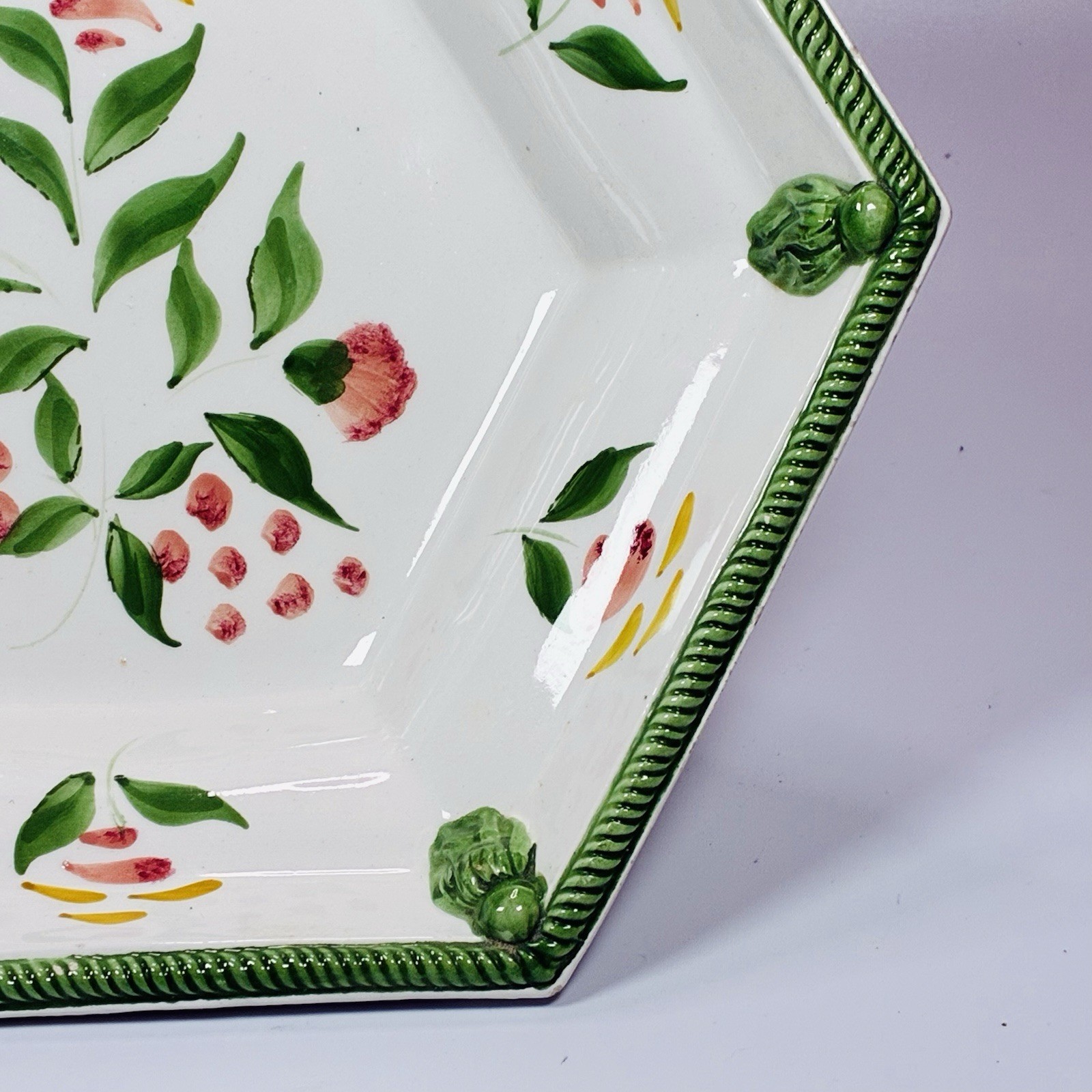 Vintage Italian 10” Pedestal Compote By Nora Fenton Floral Ceramic Hexagon