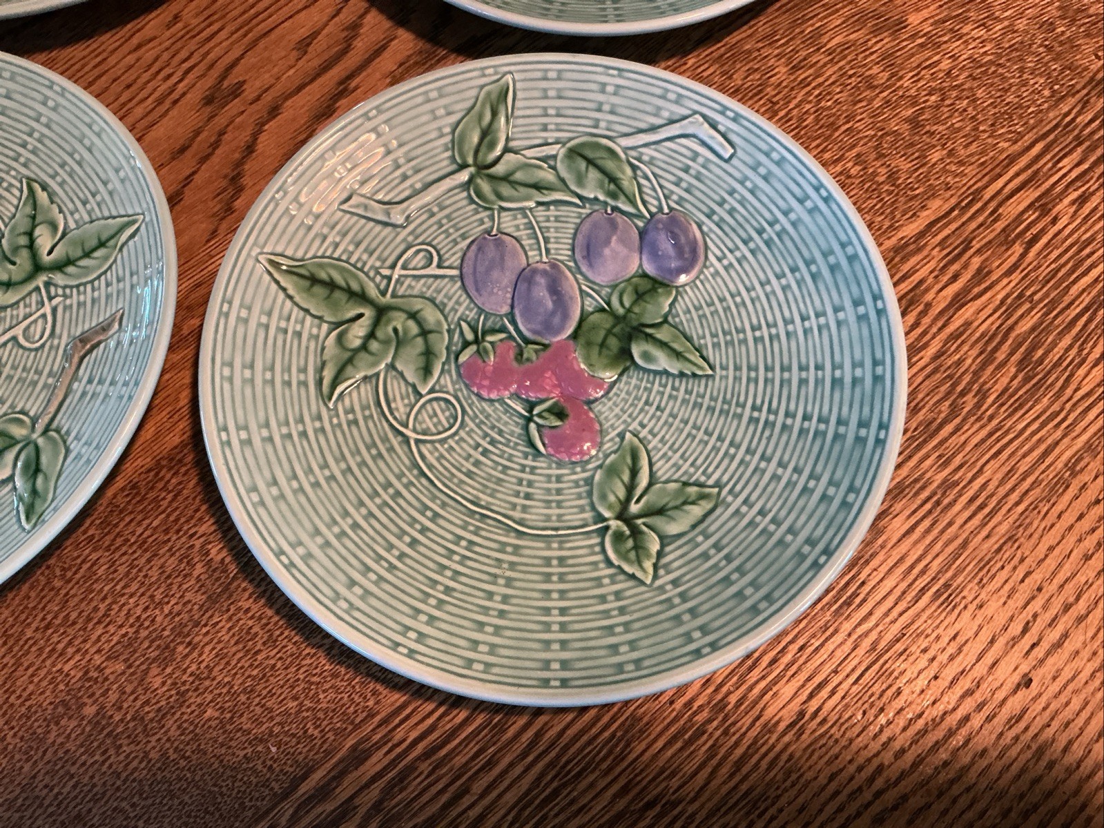 Set Of SIX Majolica Plates Teal Aqua Raspberry Plumb 2230 B Germany Weave 7.75”