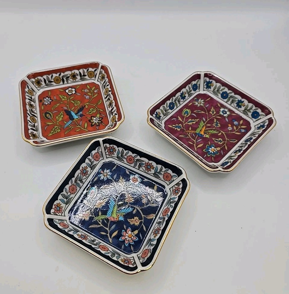 Set of 3 Takahashi 1983 Silk Road Trinket Dish Floral Bird Hand Decorated 3.25”