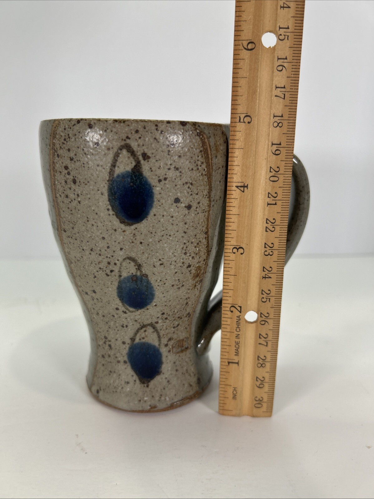 Studio Art Pottery Mug Gray Beige Blue Spotted Signed SRF 5”