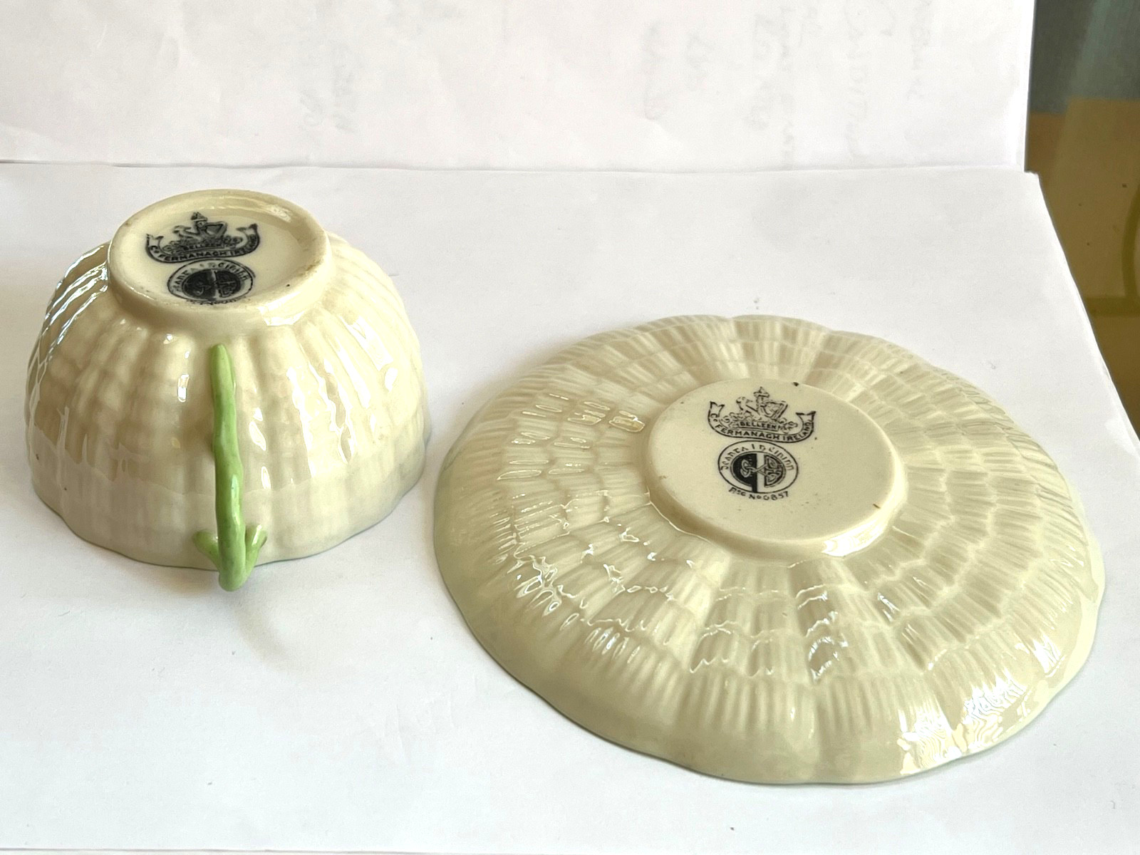 IRISH BELLEEK Green Tint TRIDACNA Cup & Saucer – 3rd Black Mark (1926-1946)
