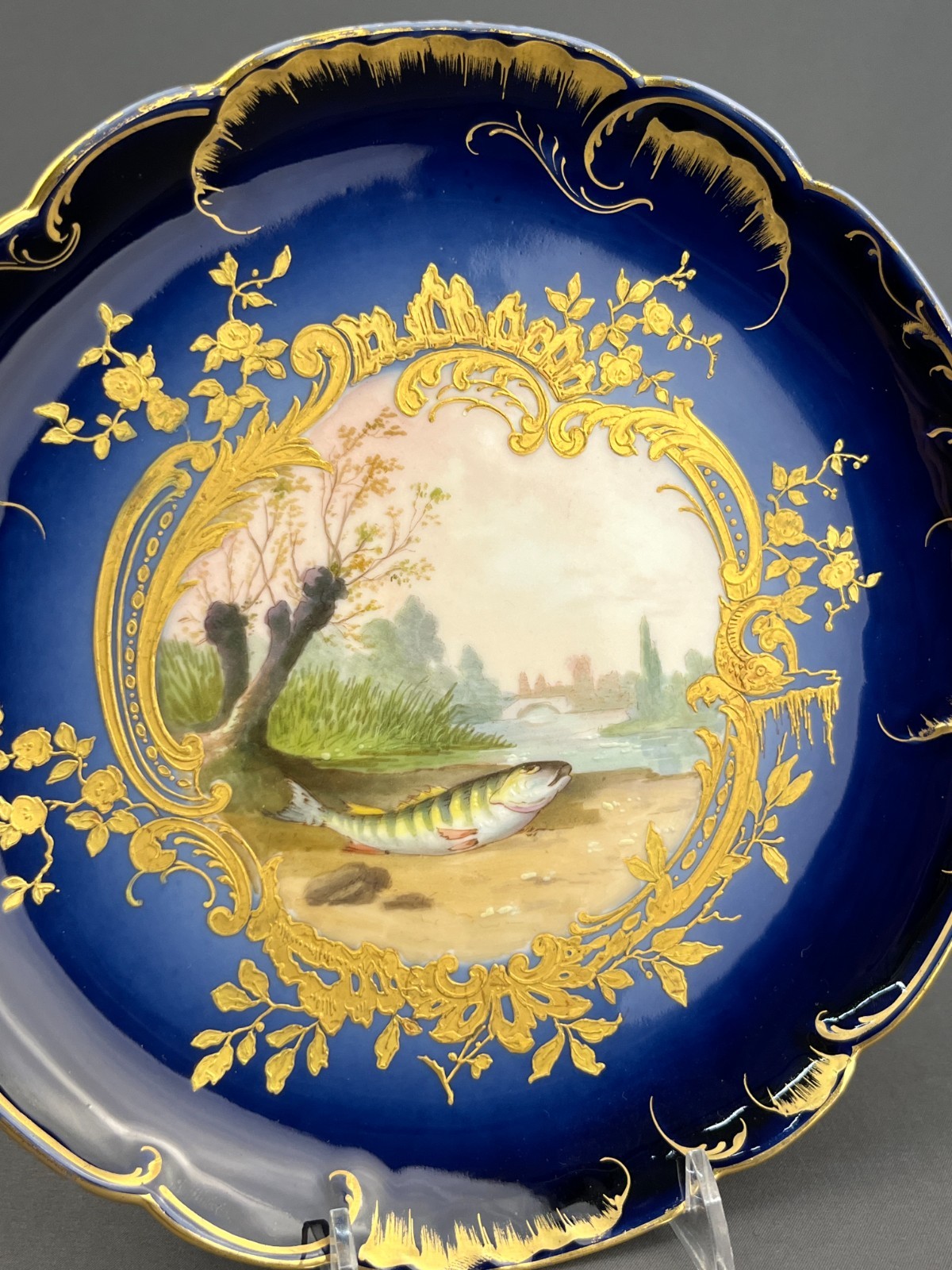 5 Haviland & Co. Hand-Painted 8 ½” Bleu de Four Gilt Fish Plates c. 1876-1899